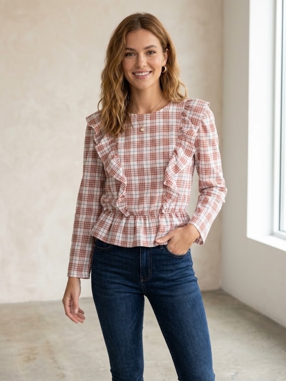 English Factory Gray, Rust & Cream Plaid Ruffle Peplum Blouse